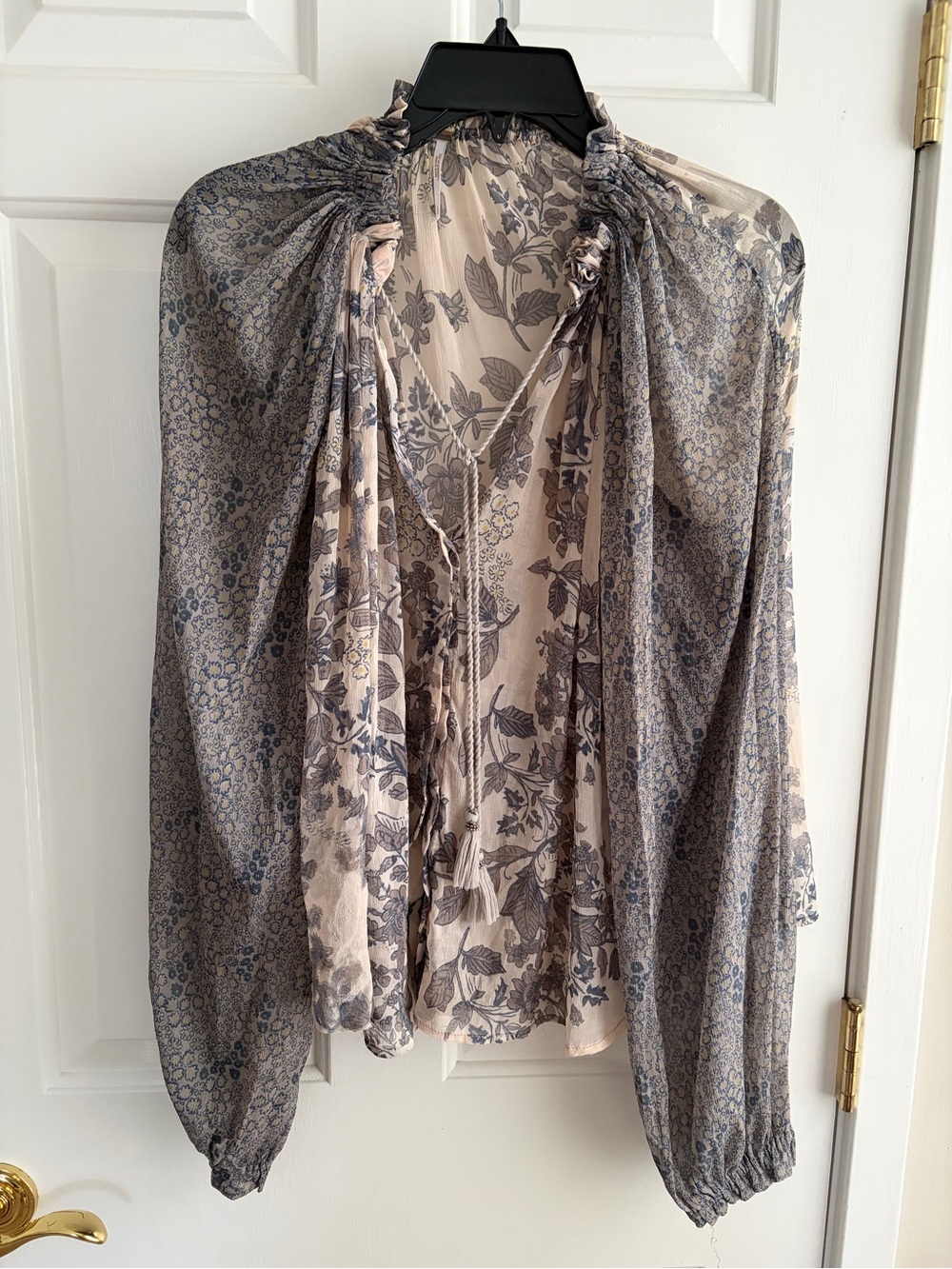 Free People Sheer Floral Peasant Blouse - Cream & Gray